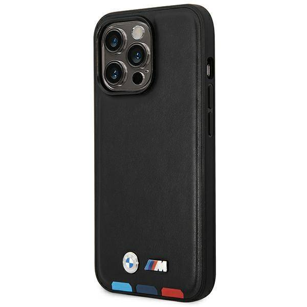 Oryginalne Etui IPHONE 14 PRO BMW Leather Stamp Tricolor MagSafe (BMHMP14L22PTDK) czarne