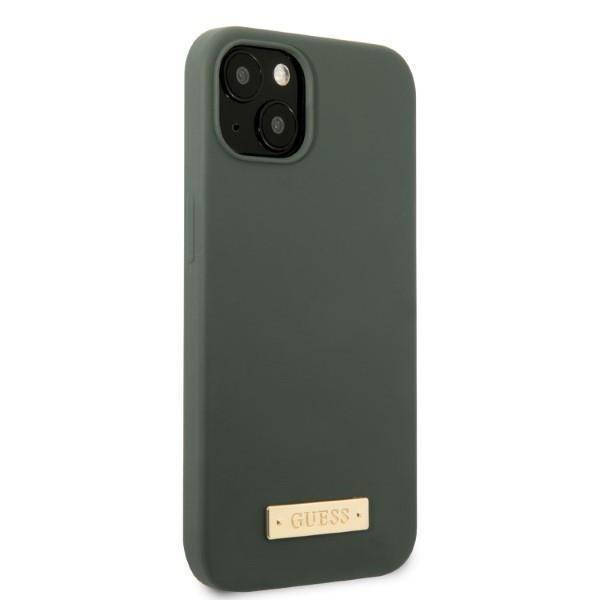 Original Handyhülle IPHONE 13 Guess Hard Case Silicone Logo Plate MagSafe (GUHMP13MSBPLA) grün