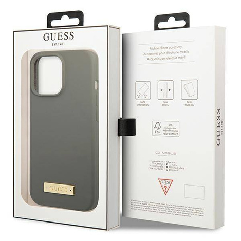 Oryginalne Etui IPHONE 13 PRO Guess Hard Case Silicone Logo Plate MagSafe (GUHMP13LSPLG) szare