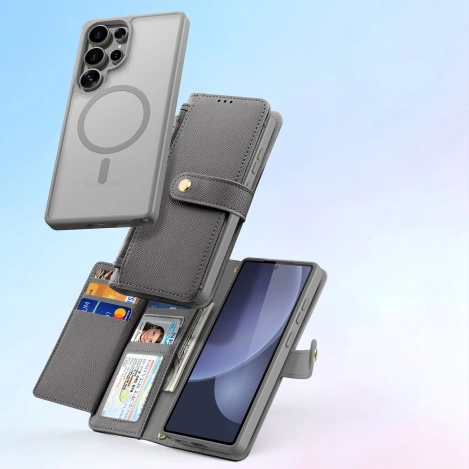 Dux Ducis Lawa Lederhülle für Samsung Galaxy S25 Ultra mit abnehmbarer magnetischer Brieftasche – Grau