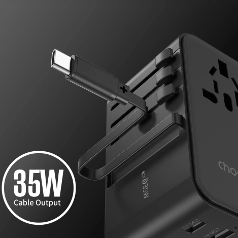 Choetech PD5020 35W EU/US/AUS/UK Reiseadapter mit integriertem USB-C-Kabel – Schwarz