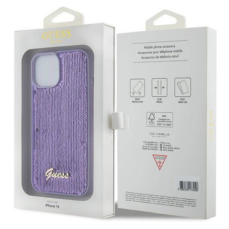 Guess Pailletten-Schriftzug-Metallgehäuse für iPhone 15 – Lila