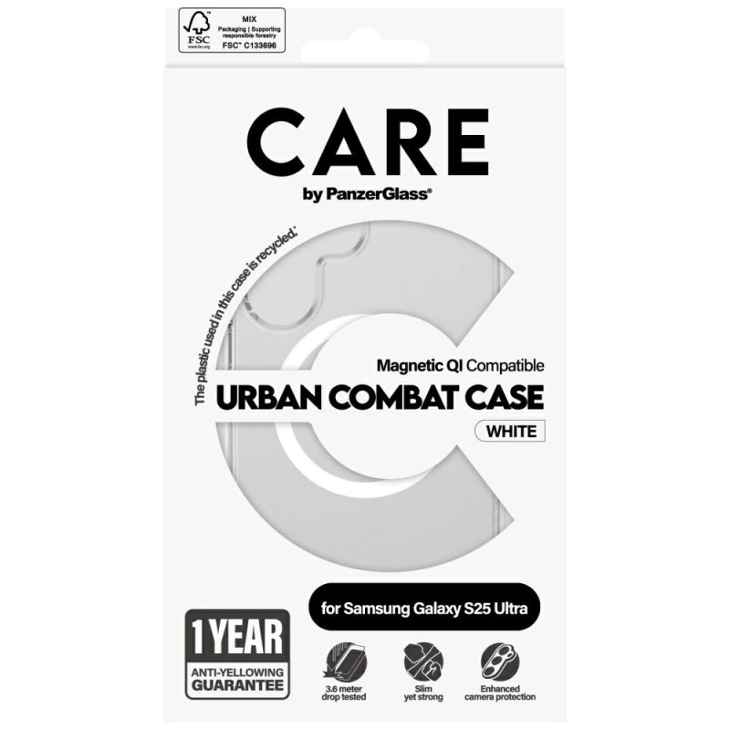 CARE by PanzerGlass Flaggschiff Urban Combat White QI Case für Samsung Galaxy S25 Ultra – Transparent