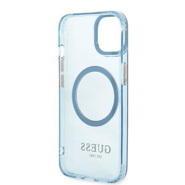 Original Handyhülle IPHONE 13 Guess Hard Case Gold Outline Translucent MagSafe (GUHMP13MHTCMB) blau