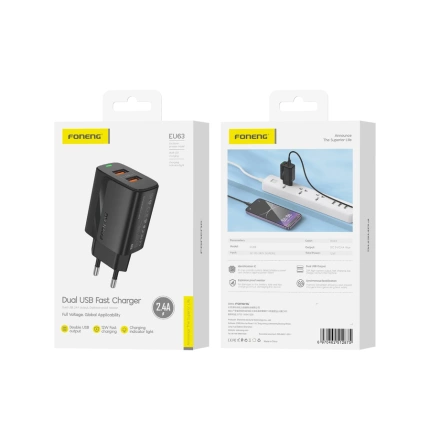 FONENG Netz-Ladegerät EU63 2.4A 12W 2xUSB schwarz