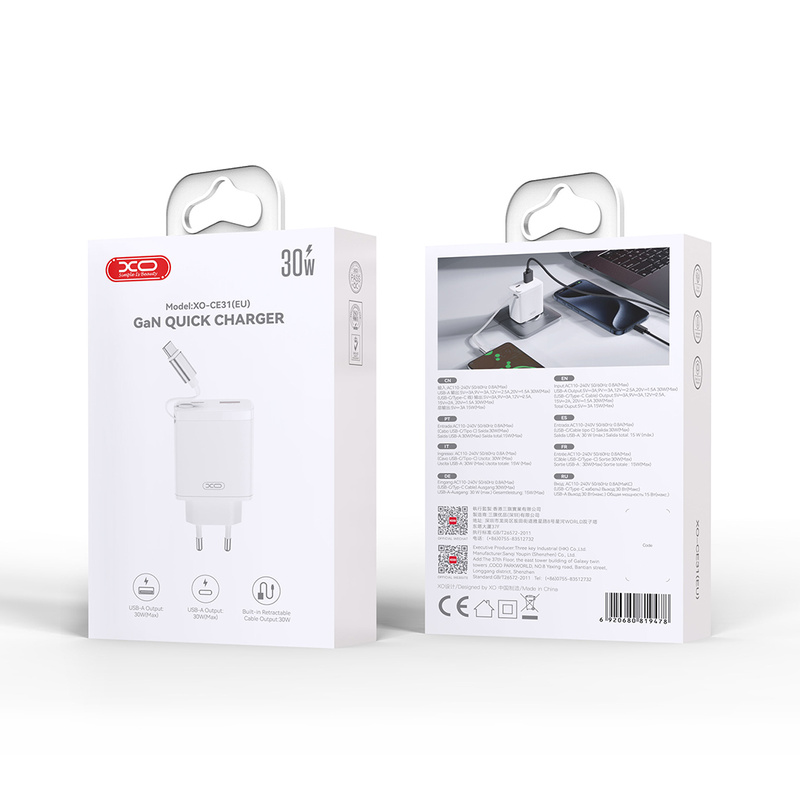 XO ładowarka sieciowa CE31 1x USB 1x USB-C 30W biała z kablem USB-C zwijanym