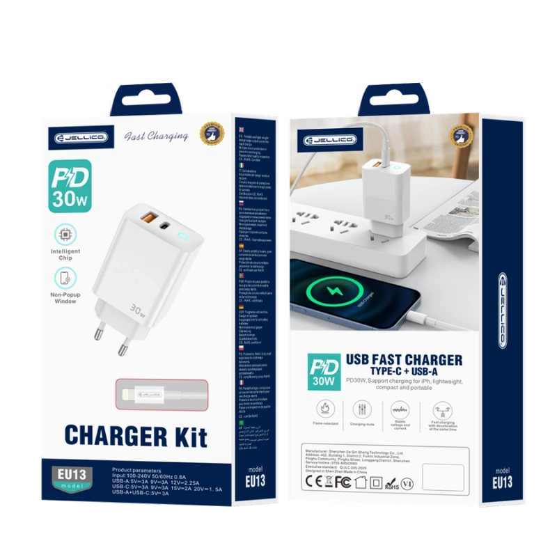 JELLICO wall charger EU13 GaN PD 30W 1xUSB-C + 1xUSB QC3.0 + cable USB-C - Lightning White