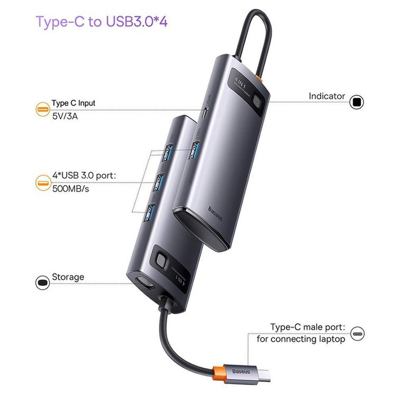 Baseus Metal Gleam Series 4 in 1 HUB Dockingstation USB Typ C – 4 x USB 3.2 Gen. 1 (WKWG070013)