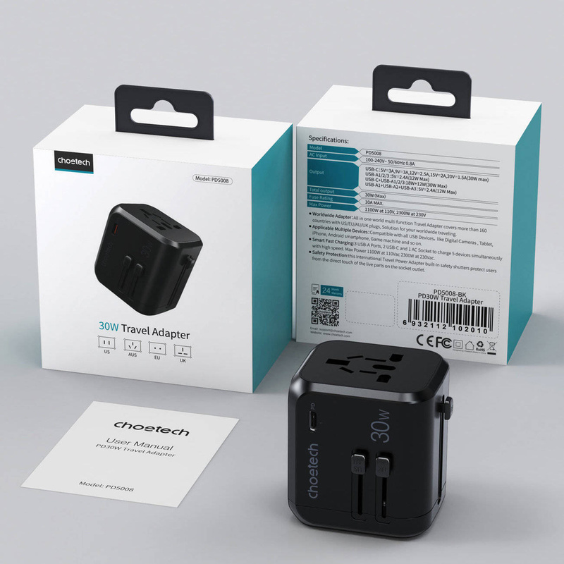 Choetech Fast Universal GaN USB Travel Charger Type C / 3 x USB-A 30W Power Delivery Black (PD5008-BK)