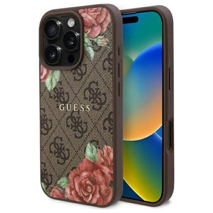 Original Handyhülle IPHONE 16 PRO Guess Hardcase 4G Flowers Print MagSafe (GUHMP16LP4ROPEMCW) braun