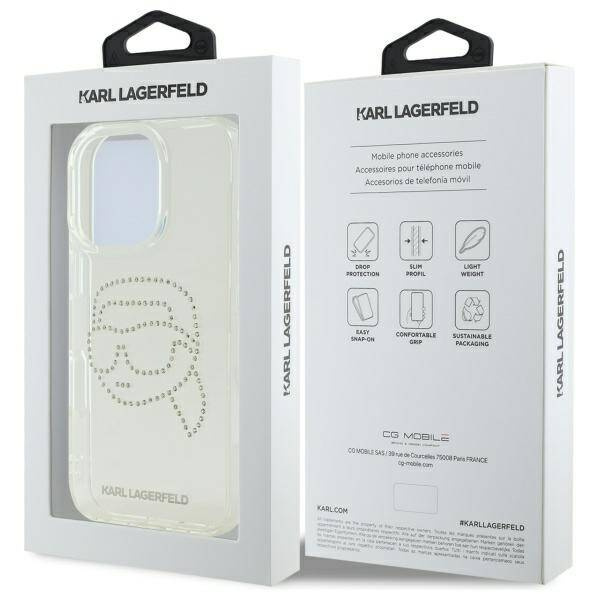 Original Case IPHONE 16 PRO MAX Karl Lagerfeld Hardcase IML Rhinestones Karl Head (KLHCP16XHKHDCELT) transparent