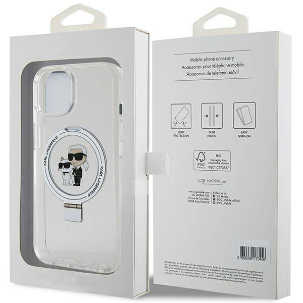 Oryginalne Etui IPHONE 15 PLUS / 14 PLUS Karl Lagerfeld Hardcase Ring Stand Karl&Choupettte MagSafe białe