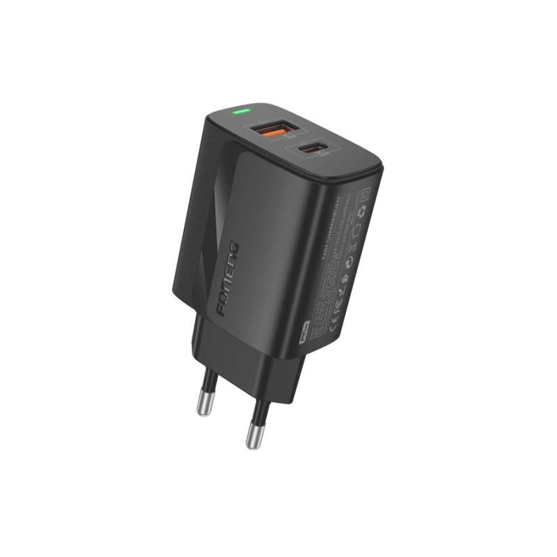 FONENG Netz-Ladegerät EU66 PD 20W 1xUSB-C + 1xUSB QC3.0 + Kabel USB-C - Lightning schwarz