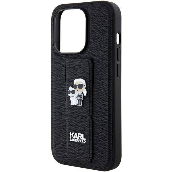 Karl Lagerfeld Gripstand Saffiano Karl&Choupette Pins Hülle für iPhone 15 Pro Max – Schwarz