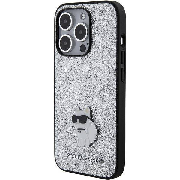 Karl Lagerfeld Feste Glitzer-Choupette-Logo-Metallpin-Hülle für iPhone 15 Pro Max – Silber