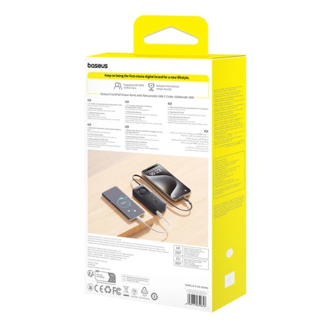 Baseus Free2Pull 10000 mAh 30 W Powerbank mit USB-C-Anschluss und einziehbarem USB-C-Kabel – Schwarz