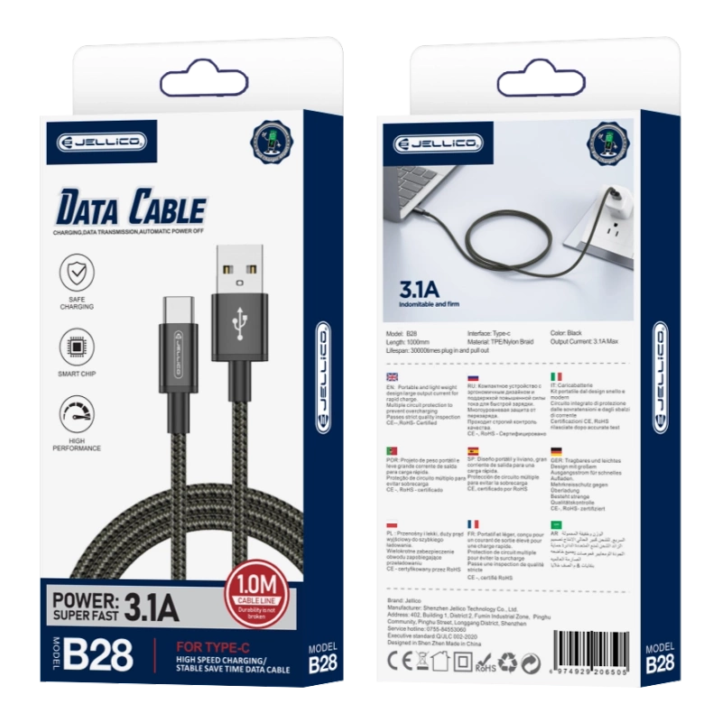 JELLICO kabel B28 USB-C 3.1A 1M Czarny