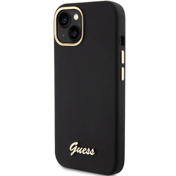 Guess Silikon Script Metal Logo &amp; Frame Hülle für iPhone 15 – Schwarz