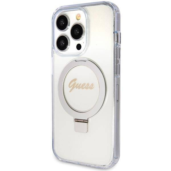 Guess Ring Stand Script Glitter MagSafe Hülle für iPhone 15 Pro – transparent