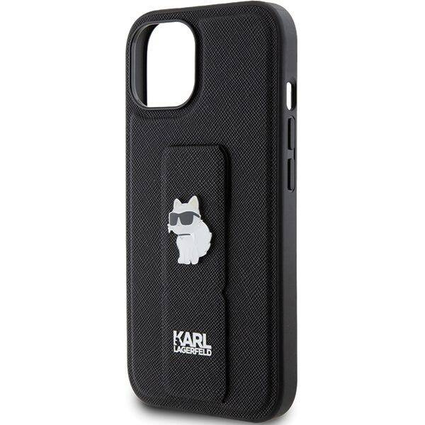 Karl Lagerfeld Gripstand Saffiano Choupette Pins Hülle für iPhone 15 Plus / 14 Plus – Schwarz