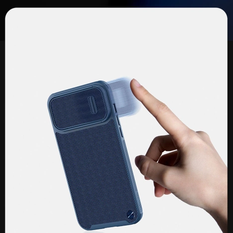 Nillkin Textured S Case für iPhone 14 Pro, gepanzerte Hülle mit Kameraabdeckung, blau