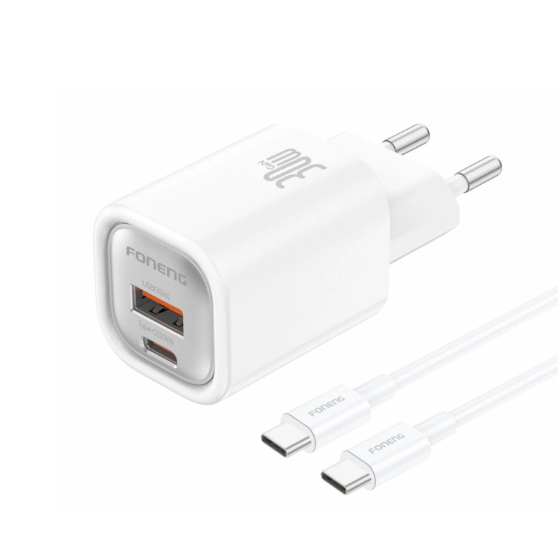 FONENG Netz-Ladegerät EU71 PD 30W 1xUSB-C + 1xUSB QC3.0 + kabel USB-C - USB-C weiss