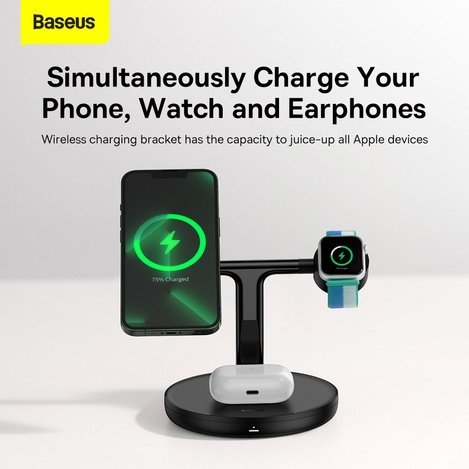 Baseus Swan ładowarka indukcyjna (kompatybilna z MagSafe) stojak do iPhone, Apple Watch, AirPods + kabel USB-C 1m czarny (WXTE000101)