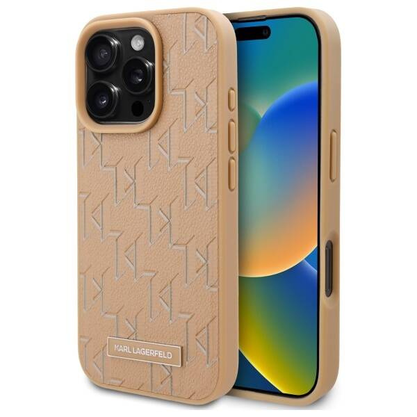 Karl Lagerfeld nakładka do iPhone 16 Pro 6,3" KLHMP16LPKHPORPE beżowa Hardcase Leather Monogram Metal Logo MagSafe