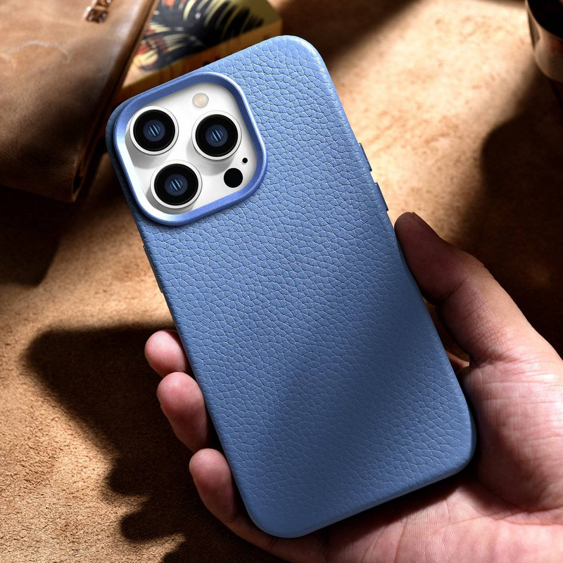 iCarer Litchi Premium Leather Case Leather Case iPhone 14 Pro Max Magnetic with MagSafe Light Blue (WMI14220712-LB)