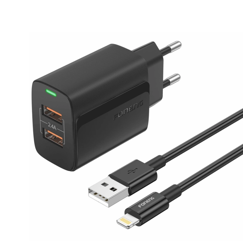 FONENG ładowarka sieciowa EU63 2.4A 12W 2xUSB + kabel Lightning Czarny