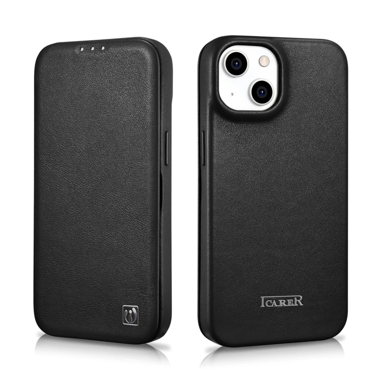 iCarer CE Premium Leather Folio Case skórzane etui iPhone 14 Plus z klapką magnetyczne MagSafe czarny (WMI14220715-BK)