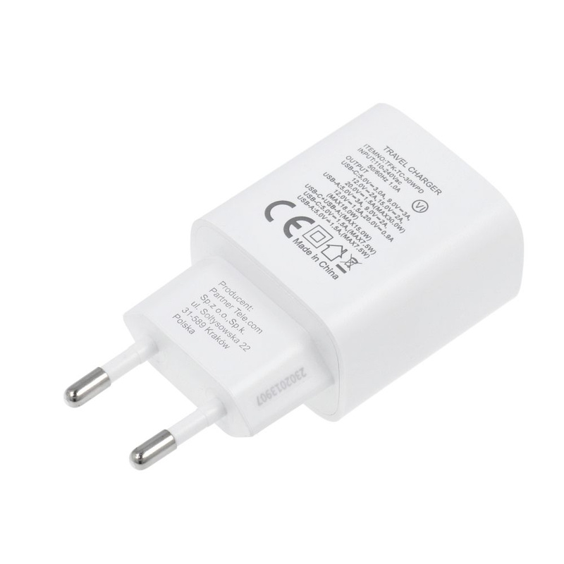 Forcell Ładowarka Sieciowa - 3A 30W z dwoma portami: USB typ C i USB A z ładowaniem PD i QC 4.0