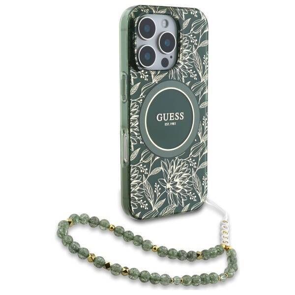 Etui Guess IML Flowers Allover Electro With Pearl Strap MagSafe na iPhone 16 Pro Max - zielone