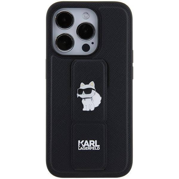 Karl Lagerfeld Gripstand Saffiano Choupette Pins Hülle für iPhone 15 Pro Max – Schwarz