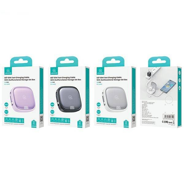 Kabel rozwijany 3w1 50W z pudełkiem MicroUSB/USB-C/Lightning srebrny/silver USAMS SJ650USB02 (US-SJ650)