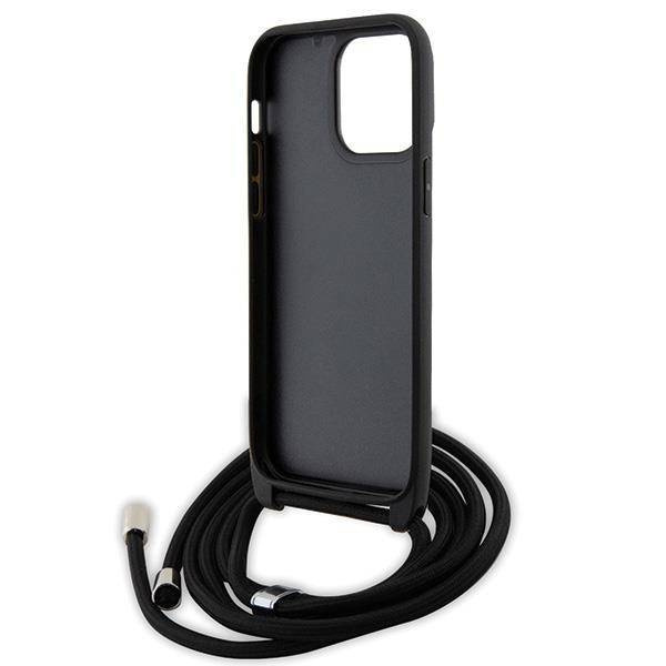 Original Handyhülle IPHONE 14 PRO MAX Karl Lagerfeld Hardcase Crossbody Saffiano Metal Pin Karl & Choupette (KLHCP14XSAKCPSK) schwarz
