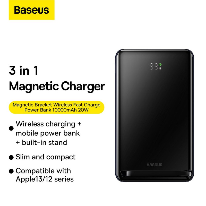 Baseus Magnetic Bracket powerbank z bezprzewodowym ładowaniem MagSafe 10000mAh 20W Overseas Edition niebieski (PPCX000203) + kabel USB Typ C Baseus Xiaobai Series 60W 0,5m