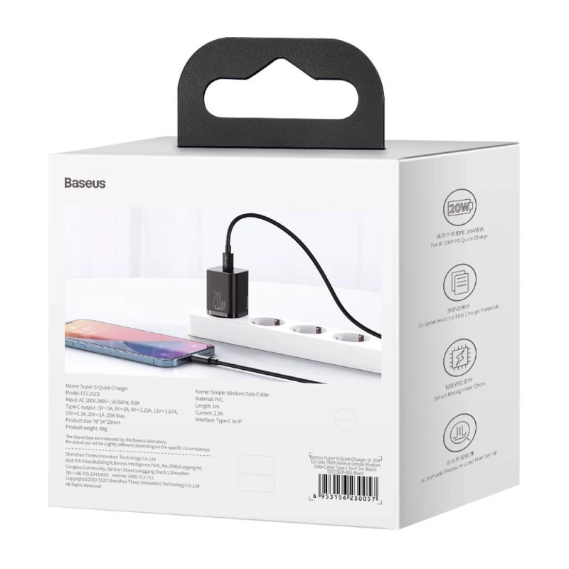 Baseus Super Si 1C szybka ładowarka USB Typ C 20 W Power Delivery + kabel USB Typ C - Lightning 1 m czarny (TZCCSUP-B01)