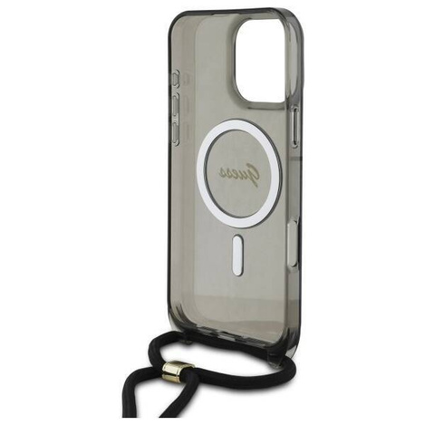 Original Handyhülle IPHONE 16 PRO Guess Hardcase Crossbody Cord Script MagSafe (GUHMP16LHCTSGNSK) schwarz