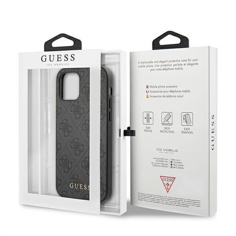 Original Handyhülle IPHONE 12 / 12 PRO Guess Hard Case 4G Metal Gold Logo (GUHCP12MG4GFGR) grau