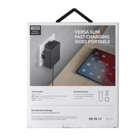 UNIQ Ład. siec. Versa Slim USB-C PD 18W + kabel USB-C na USB-C czarny/charcoal black (LITHOS Collective)