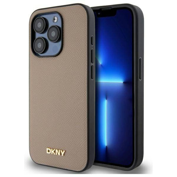 Etui DKNY Grained Metal Logo MagSafe na iPhone 15 Pro - beżowe