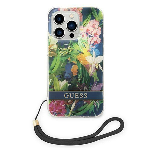 Original Handyhülle IPHONE 14 PRO MAX Guess Hardcase Flower Strap (GUOHCP14XHFLSB) blau