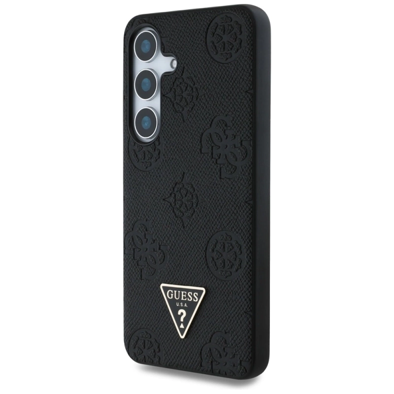 Etui Guess Grained Hot Stamp Peony  Pattern Triangle Logo MagSafe do Samsung Galaxy S25 czarny