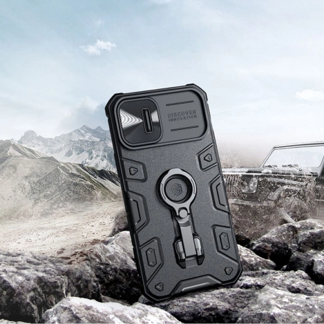Nillkin CamShield Armor Pro Case iPhone 14 Plus Hülle gepanzerte Abdeckung mit Kameraabdeckung Ringständer schwarz