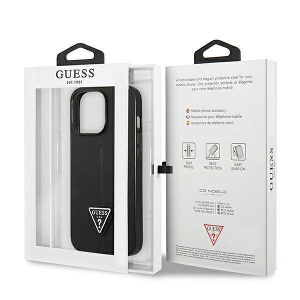 Original Case IPHONE 14 PRO Guess Hardcase Saffianotriangle Logo (GUHCP14LPSATLK) black
