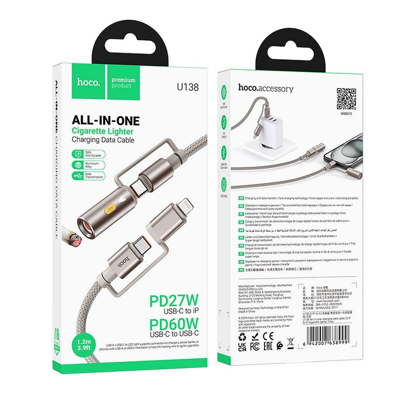 HOCO kabel All-in-one Typ C / Lightning do Typ C / Zapalniczka samochodowa PD 3A 60W U138 1,2 m czarny