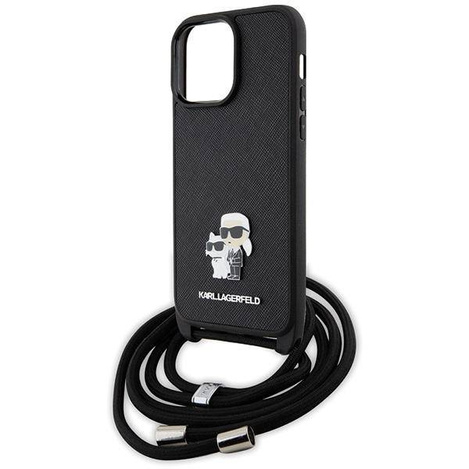 Original Case IPHONE 14 PRO MAX Karl Lagerfeld Hardcase Crossbody Saffiano Metal Pin Karl & Choupette (KLHCP14XSAKCPSK) black