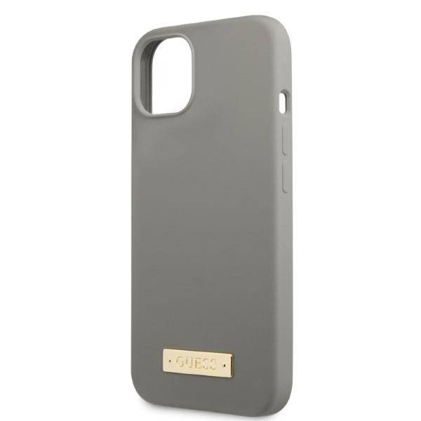 Original Handyhülle IPHONE 13 Guess Hard Case Silicone Logo Plate MagSafe (GUHMP13MSPLG) grau