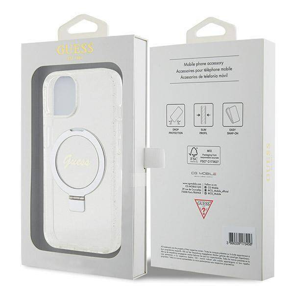 Original Handyhülle IPHONE 13 / 14 / 15 Guess Hardcase Ring Stand Script Glitter MagSafe (GUHMP15SHRSGSD) transparent